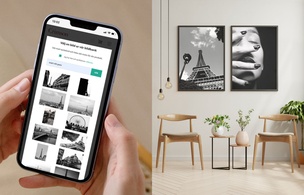 Till vänster en mobiltelefon där bildsökning görs i Crimsons bildbank för fotokonst, till höger två svartvita fotografier uppsatta på beiga väggar i möblerat rum.