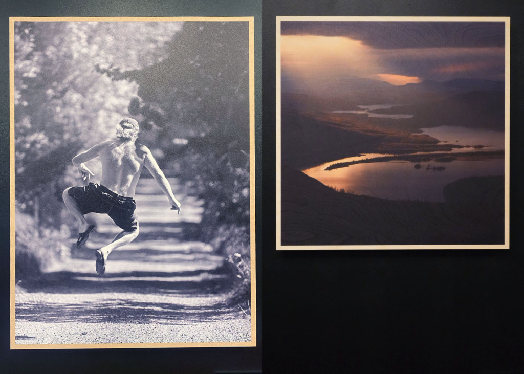 Två motiv från utställning i Crimsons Showroom: ett föreställer en man i bar överkropp och shorts som hoppar upp i lufen, det andra en vy över ett landskap med sjöar och skogar.