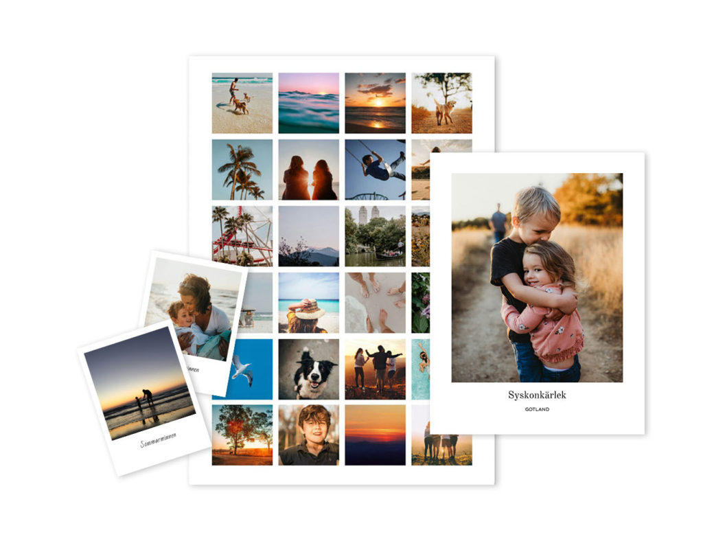 Crimsons kreativa produkter visas mot vit bakgrund; fotokollage, retrobilder och fotoposter med text.