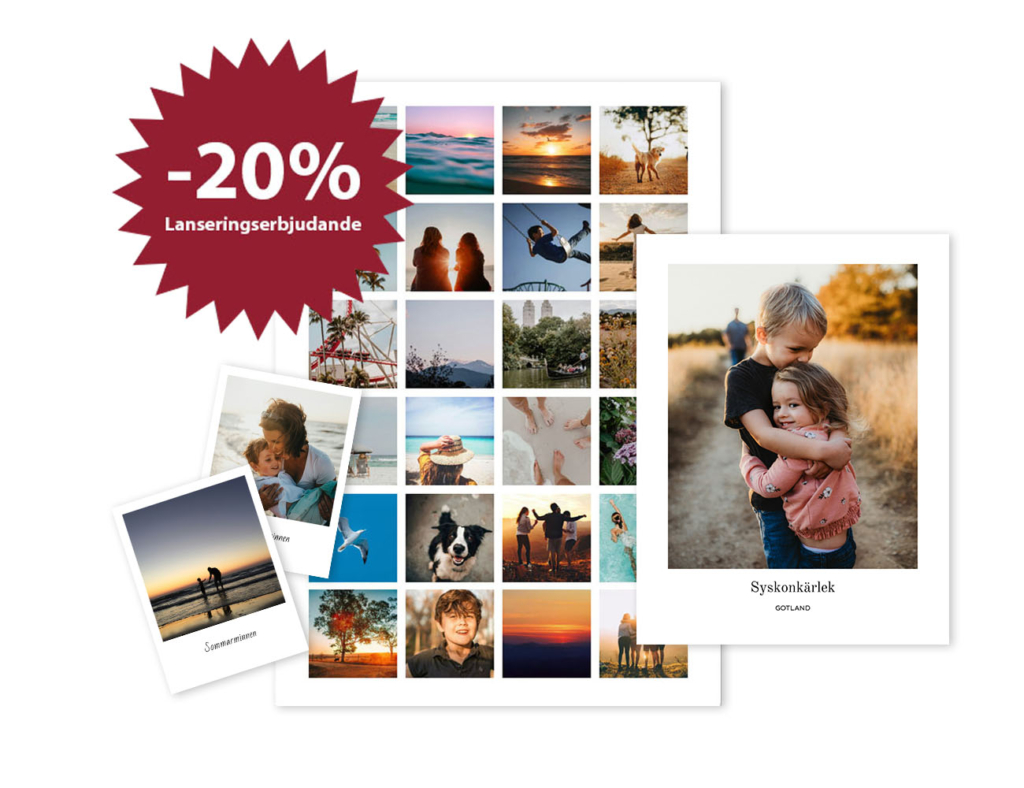 Crimsons kreativa produkter visas mot vit bakgrund; fotokollage, retrobilder och fotoposter med text. En röd stjärnformad marker med texten 