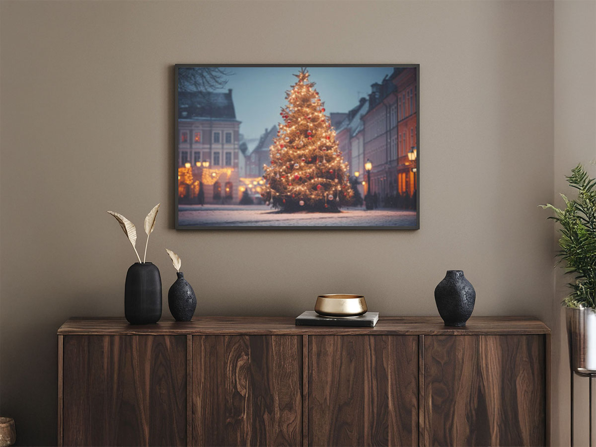 Inramad fototavla med motiv av en julgran uppställd på ett stadstorg, upphängd på grå vardagsrumsvägg ovanför ett sideboard.
