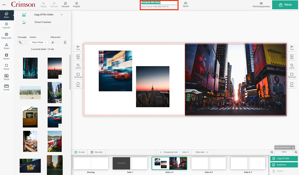 Skärmbild över Crimsons fotoboksprogram oc hhur man byter namn på ett projekt.
