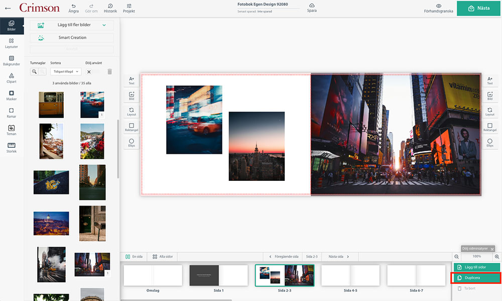 Skärmbild i Crimsons fotoboksverktyg med funktionen duplicera uppslag.