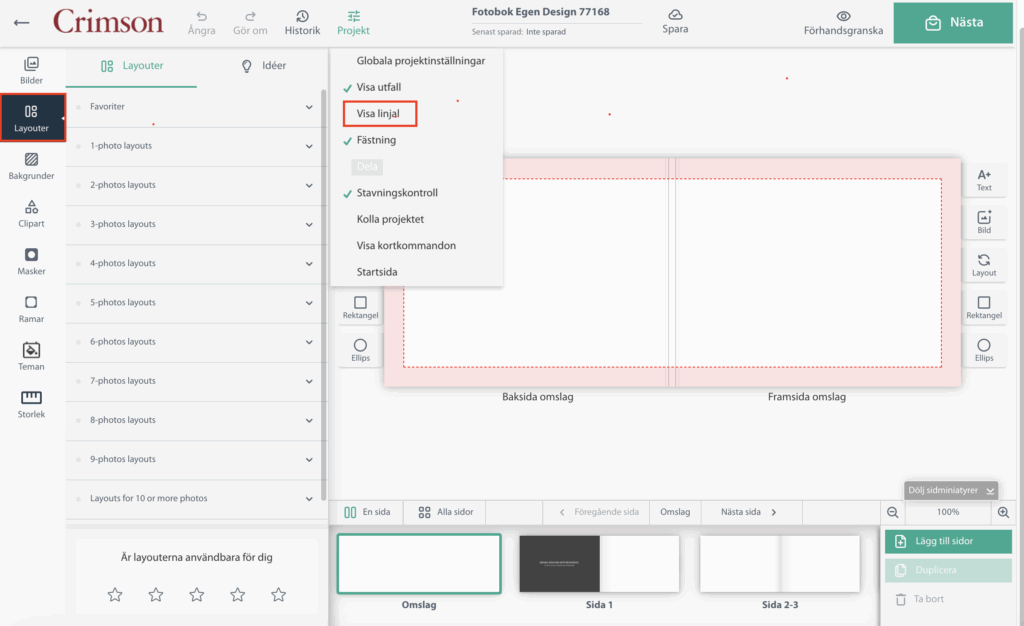 Skärmbild som visar Crimsons fotoboksprogram och meny där alternativ. för linjal och stödlinjer finns.