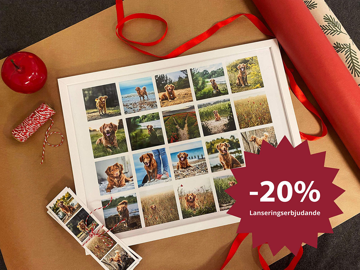 Kreativa produkter från Crimson, ett fotokollage och fotoremsor, utlagda på julpapper.