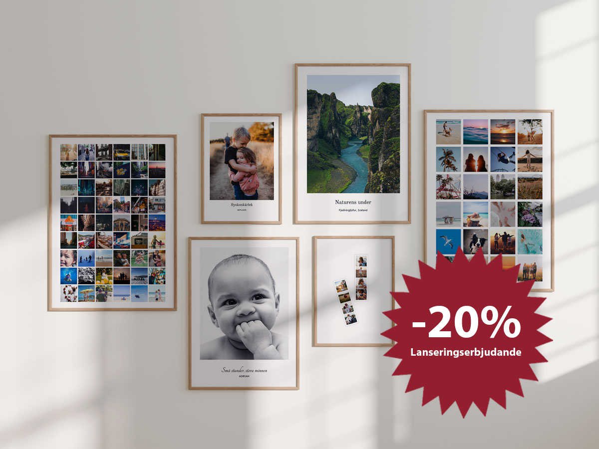 En tavelvägg med sex inramade motiv av olika typ och en stjärnformad marker framför med texten 