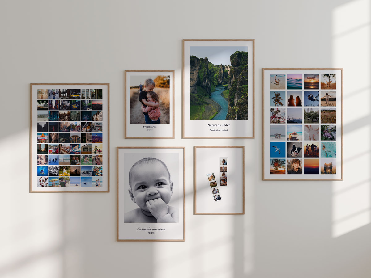 Tavelvägg med 6 inramade motiv i olika stil, färg och form, upphängda på vita väggar där fönsterskuggor syns.