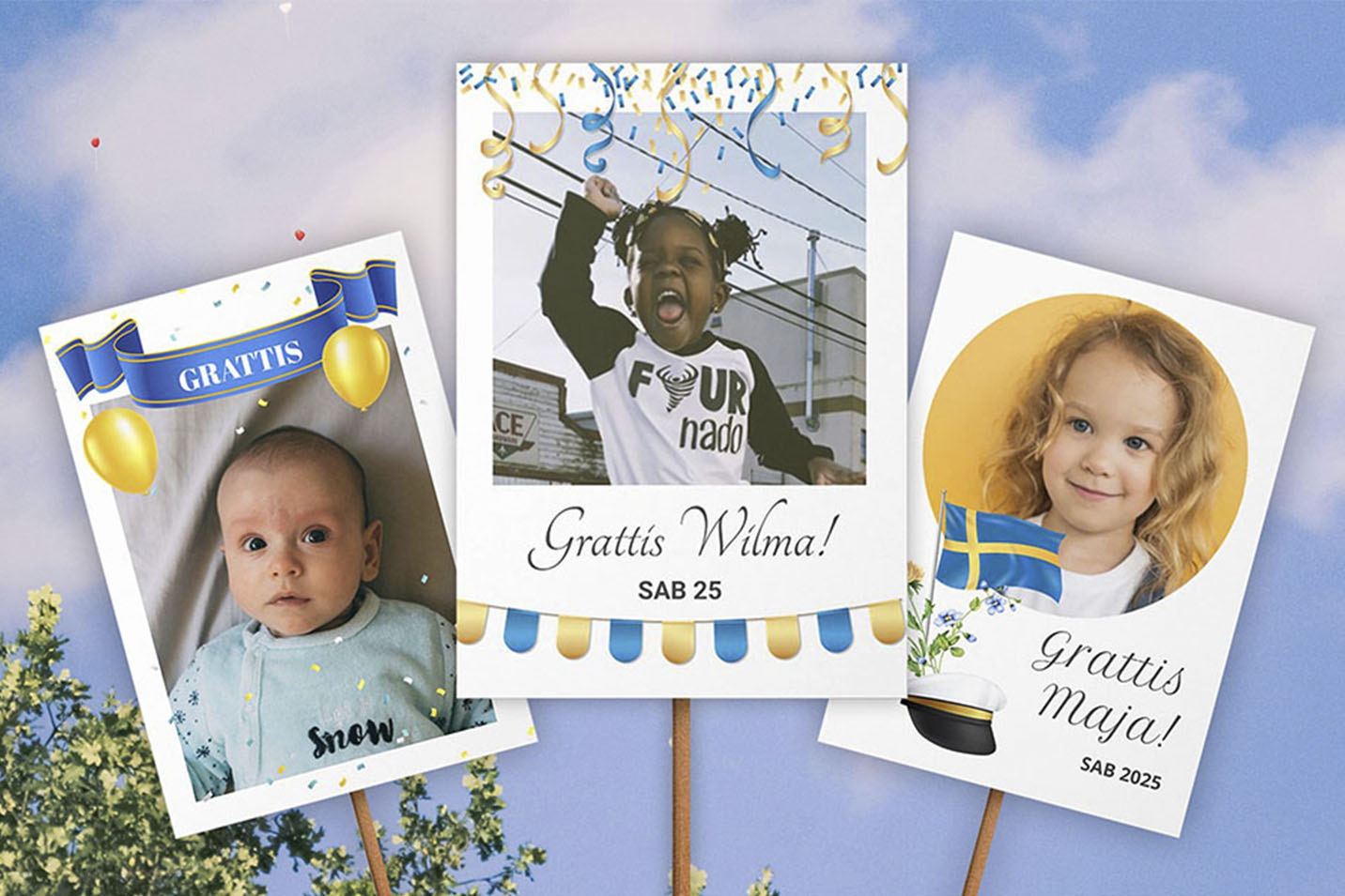 Studentplakat med bilder på barn som hålls upp mot bakgrund med blå himmel och vita moln.
