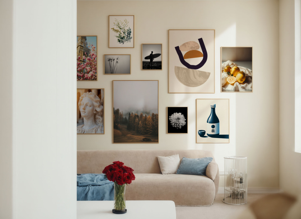 Tavelvägg med flera inramade motiv av fotografier och illustrerad konst från Crimsons bildbank, upphängda på beige vardagsrumsvägg.